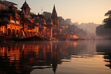 Serene reflection in the Ganges River at sunrise, Generative AI - obrazy, fototapety, plakaty