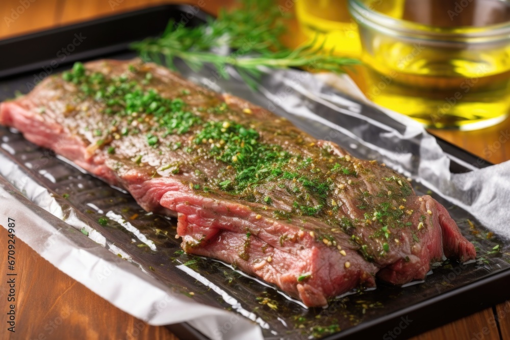 Poster skirt steak in marinade with brush basting