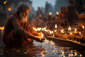 Spiritual moment during the Aarti ceremony on the ghats of Varanasi, Generative AI - obrazy, fototapety, plakaty