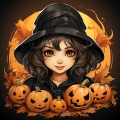 Cute Witch Pumpkin Halloween , Cartoon, Icon Illustration