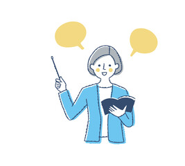 指示棒を持って説明する女性とフキダシ