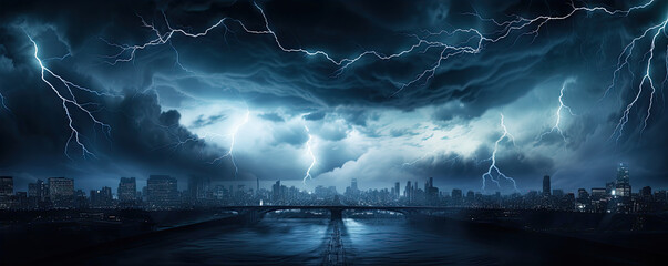 In the eye of storm. Lightning storm over city in dakr blue light. thunderstorm flash - obrazy, fototapety, plakaty