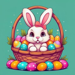 Easter bunny, eggs and flowers. illustration.