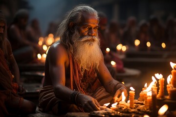 Spiritual moment during the Aarti ceremony on the ghats of Varanasi, Generative AI - obrazy, fototapety, plakaty