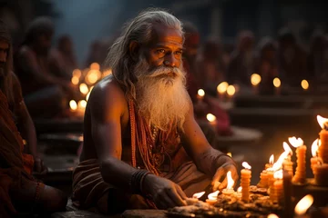 Tuinposter Spiritual moment during the Aarti ceremony on the ghats of Varanasi, Generative AI © Shooting Star Std