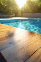 the wet wooden floor by the pool outside, in summer