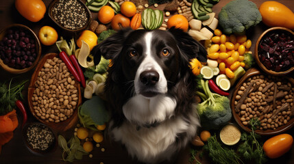 A dog with healthy foods around him - obrazy, fototapety, plakaty