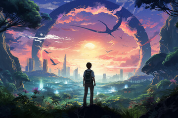 Silhouette of a Man in Anime Lofi Landscape: Gazing at a Futuristic Jurassic Jungle with Planets and Spaceships in the Distance

