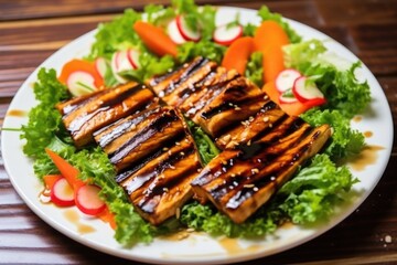 slices of grilled teriyaki tofu placed over a bed of fresh salad