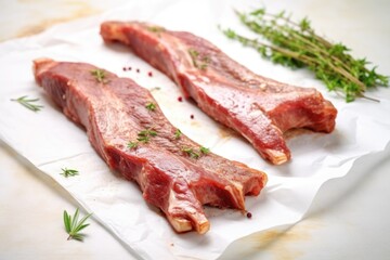 Fototapeta premium pre-cooked dry rubbed pork ribs on white parchment paper