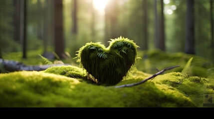 love green moss on the tree , Closeup of wooden heart on moss, forest background, save earth - obrazy, fototapety, plakaty
