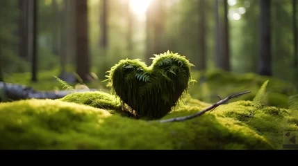 Foto op Aluminium love green moss on the tree , Closeup of wooden heart on moss, forest background, save earth © Planetz