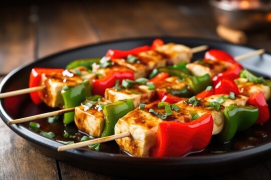 sizzling tofu skewers with red and green bell peppers