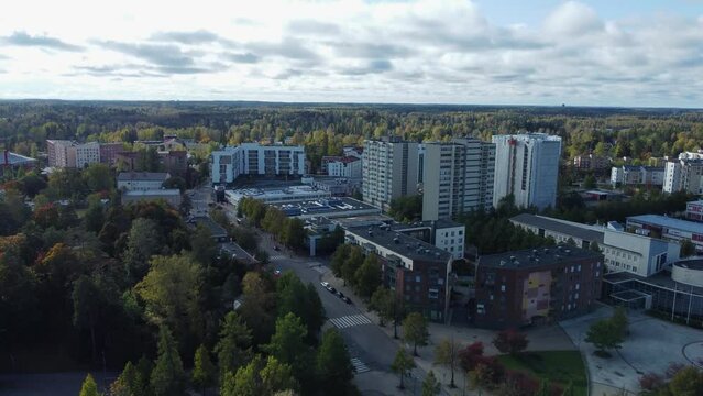 Highrise apartment buildings in Kerava Finland rise over boreal forest