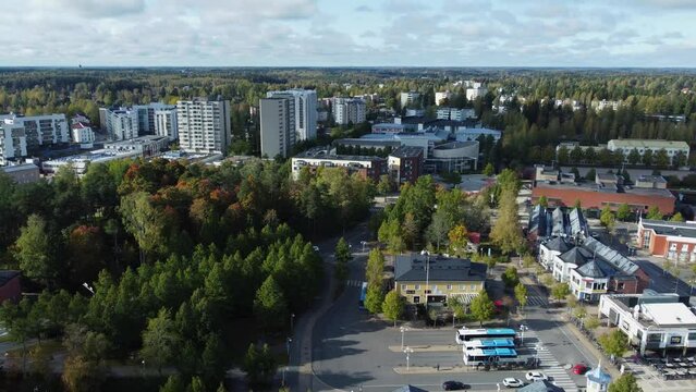 Autumn flyover of Northern boreal forest city of Kerava, Finland