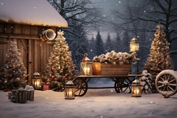 a snowy outdoor Christmas scene with a decorated fir tree, glowing lanterns, and a wooden sleigh