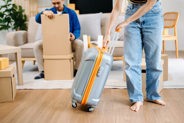 Happy asian young attractive couple man and woman with big boxes moving into a new house, new apartment for couple the new home, Moving house.