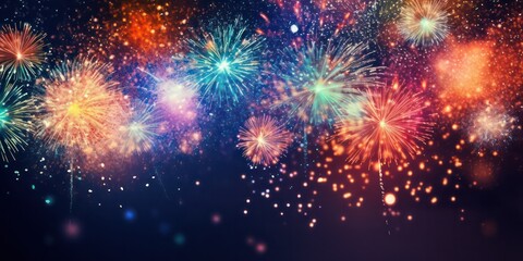 Fototapeta premium Vibrant glitter background with colorful fireworks, perfect for Christmas Eve and New Year celebrations.