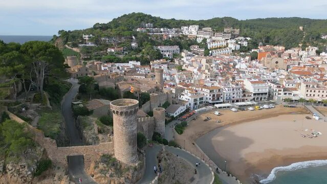Aerial drone view of the coastal town named Tossa de Mar in Spain