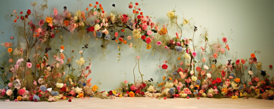 Beautiful floral wide background with pink and meadow flowers.