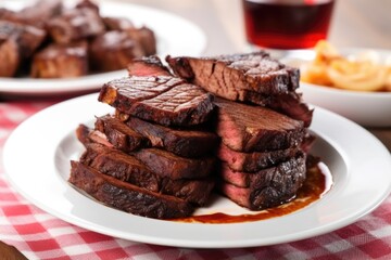 close-up of bbq brisket slices stacked on a white plate