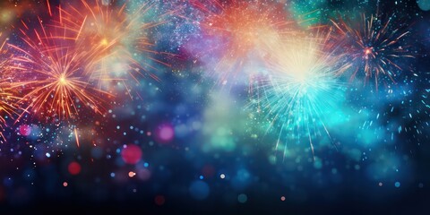 Fototapeta premium Vibrant glitter background with colorful fireworks, perfect for Christmas Eve and New Year celebrations.