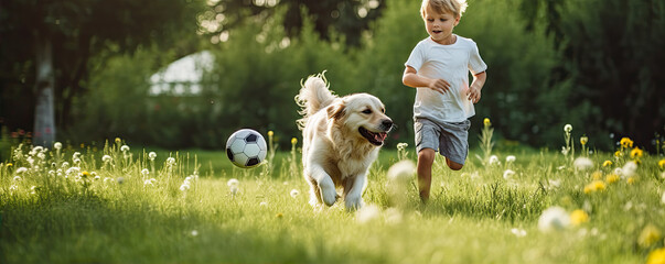 Young boy playing soccer with his dog on green grass.