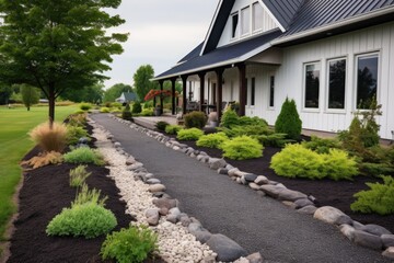 simple landscaping featuring pebbled walkway towards the farmhouse