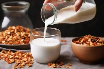 hand pouring buttermilk over a heap of granola - obrazy, fototapety, plakaty