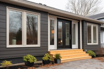 close-up of saltbox house with modern windows and doors