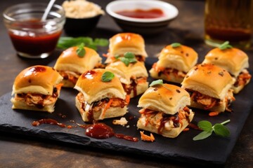bbq sliders on a stone tray with red sauce drizzle
