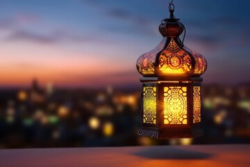 Lamp Ramadan Kareem at evening. Islam arab religious light holy. Generate Ai