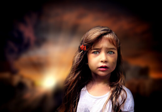 Sad girl who survived the fire.destructive civilian area during war time, sorrow scenery of war victim, natural disaster, idea for support children's rights