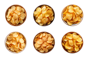 Collection of top-view crispy potato chips in a bowl isolated on a transparent background - obrazy, fototapety, plakaty