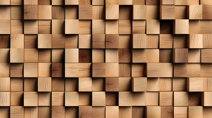 Natural wooden background. Wood blocks. Wall Paneling texture. Wooden squares, tile wallpaper. 3D Rendering, texture background