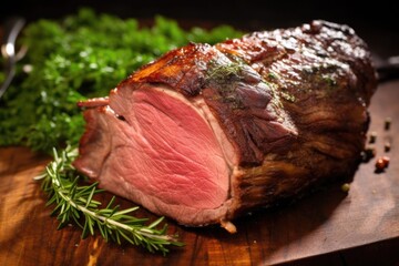 slice of oak-smoked lamb shoulder revealing tender meat