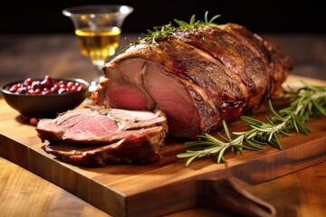 oak-smoked lamb shoulder slice on a meat board