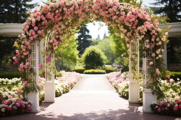 flower-adorned archway of an outdoor wedding venue