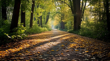 Naklejka premium Leaves forming a pathway through the woods,autumn in the forest