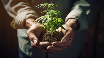 Farmer hands holding a medical marijuana plant