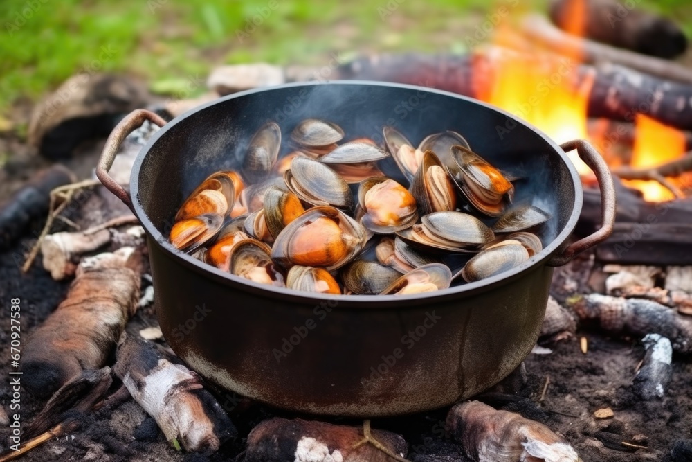 Poster clams in a pot over burning wood