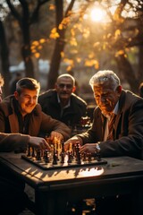 Group of men playing chess in a local park, Generative AI  - obrazy, fototapety, plakaty