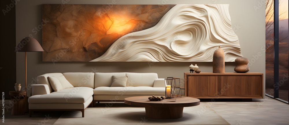 Wall mural The parlor is furnished with beige sofas and tea sets against a backdrop of layered veneers 7 - Wall murals