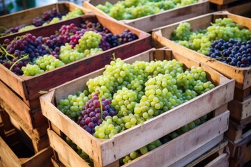 bright shot of harvested organic grapes in crates