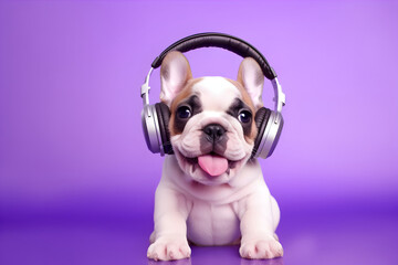 Happy puppy with headphones on a solid purple background