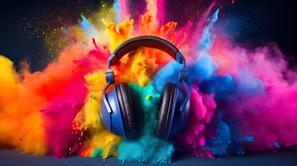 Headphone with a splash of vivid colored powder, creative music and festival concept
