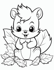 Cute kawaii autumn coloring page for kids with vintage, Nature forest, insects. animals cartoon illustration, Animal autumn coloring book for kids.