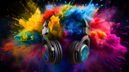 Headphone with vivid color powder, creative music and festival concept