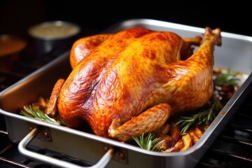 Fototapeta premium close-up of a golden brown turkey in a roasting pan