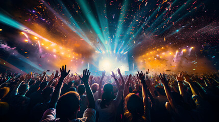 Huge concert crowd standing along with colorful stage lights and confetti - obrazy, fototapety, plakaty